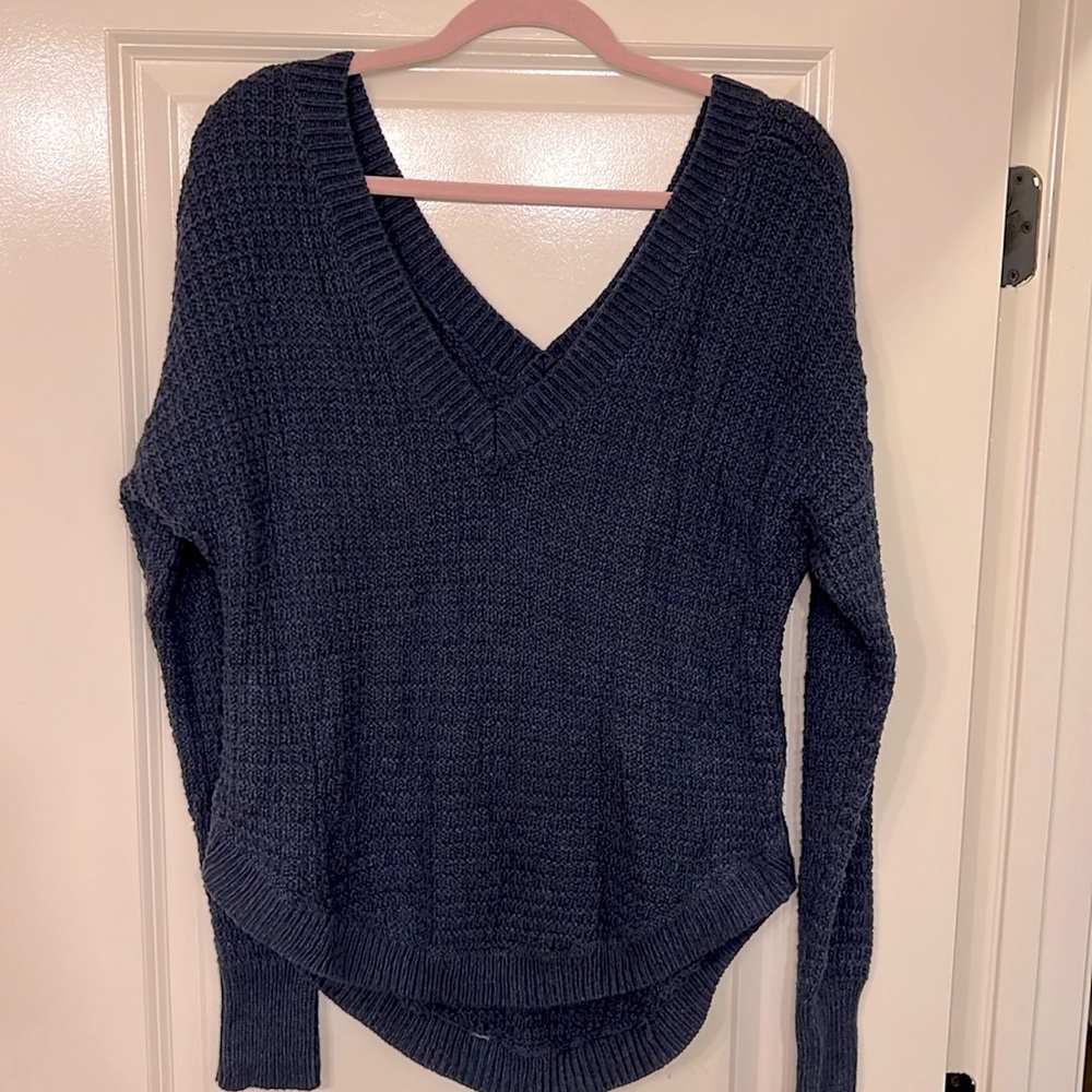 Victoria’s Secret v-neck navy oversized crochet sweater.